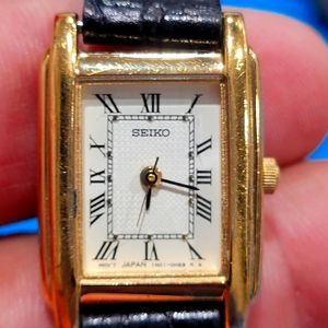 Seiko Stainless Steel Japanese Quartz Dress Watch with Leather Strap, Gold,